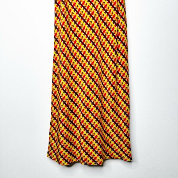 LHD Silk Slip Mini Dress in Retro Orange Brown Plaid Print Size US 6 - Picture 3 of 7